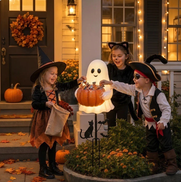 Halloween Ghost Pumpkin Candy Bowl Garden Stake