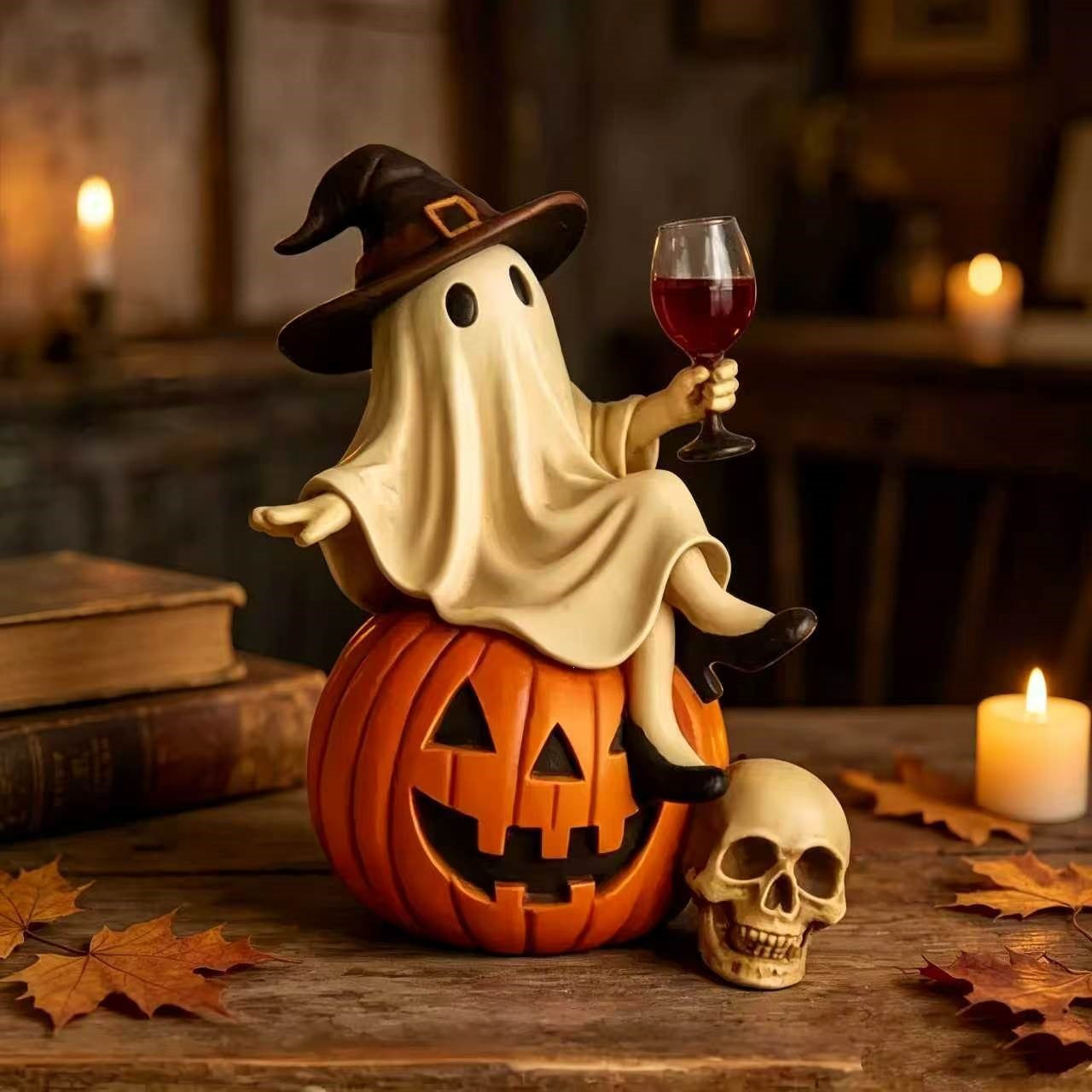 Halloween Ghost Holding Wine Glass Figurine
