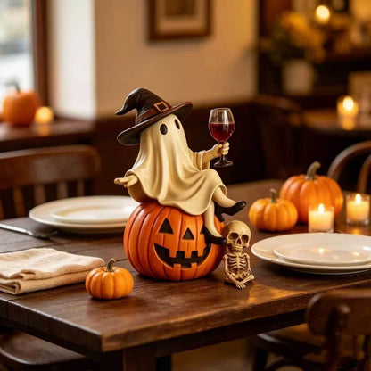 Halloween Ghost Holding Wine Glass Figurine