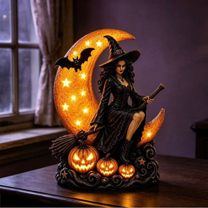 Halloween Witch Moon Pumpkin Light Figurine
