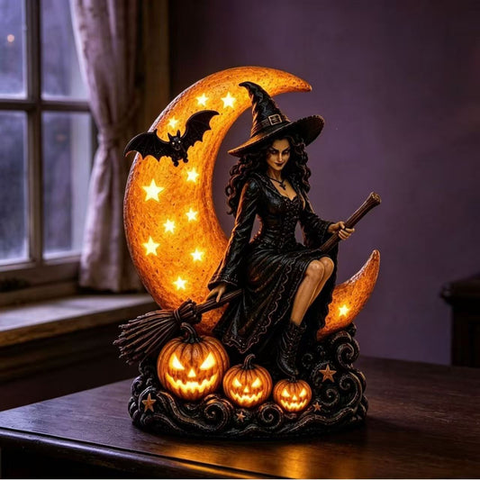 Halloween Witch Moon Pumpkin Light Figurine