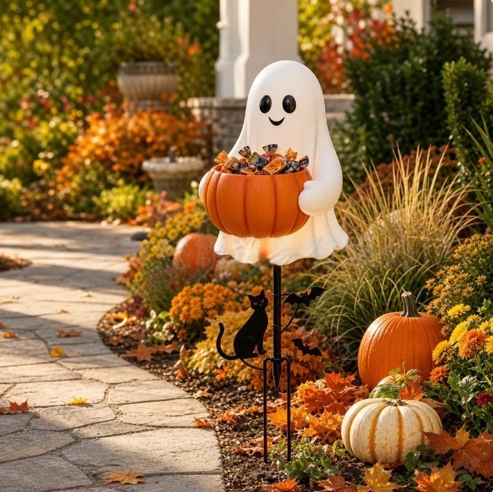 Halloween Ghost Pumpkin Candy Bowl Garden Stake
