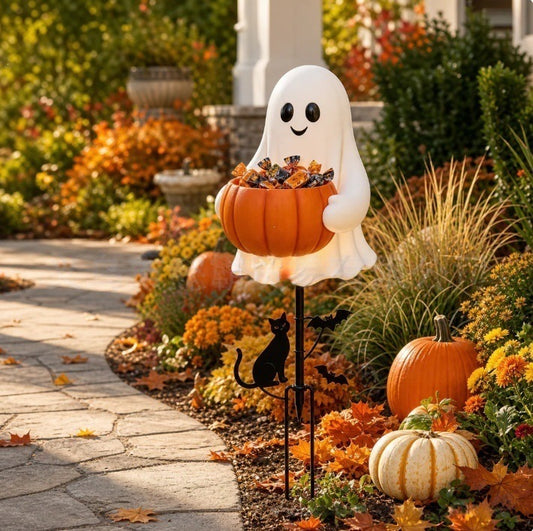Halloween Ghost Pumpkin Candy Bowl Garden Stake