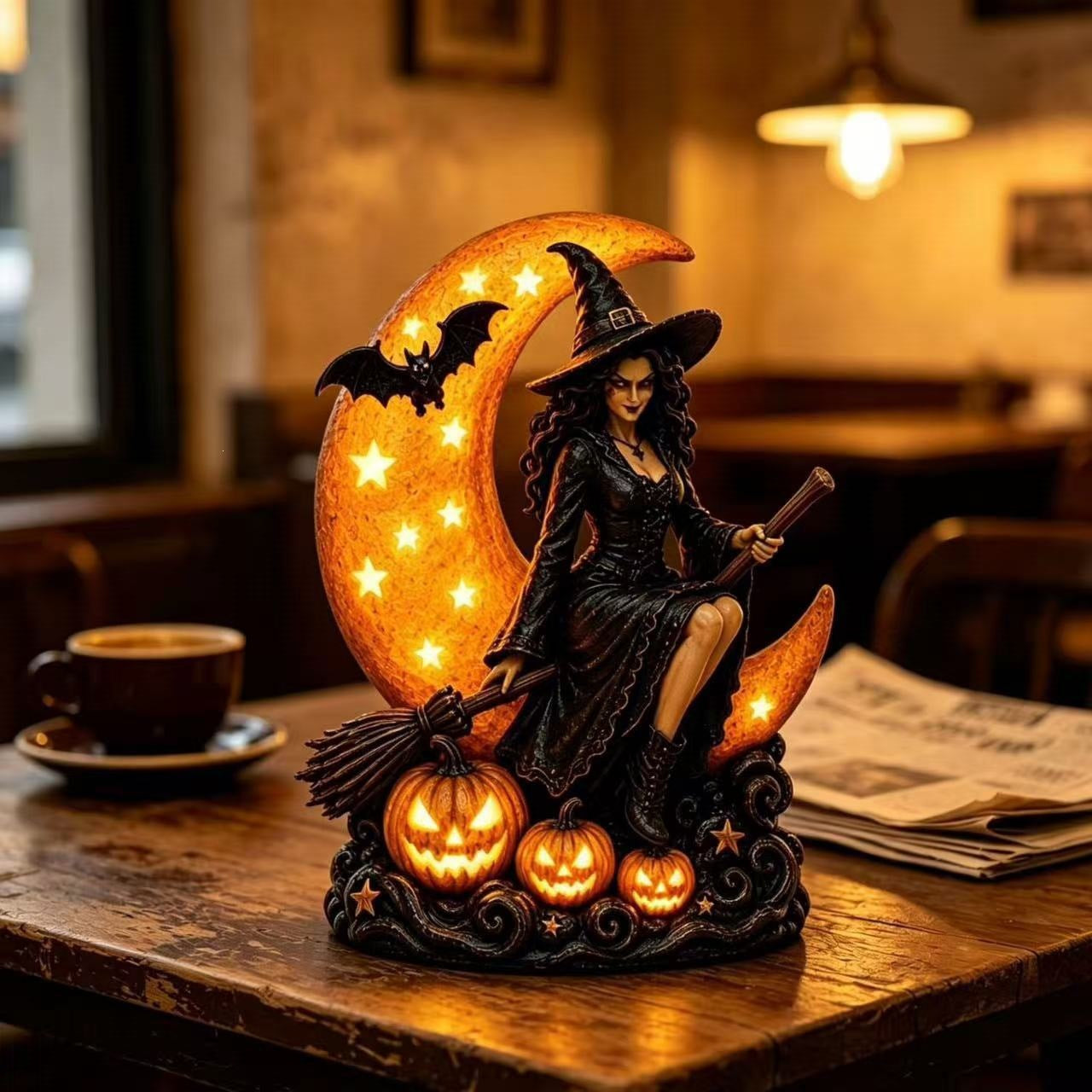 Halloween Witch Moon Pumpkin Light Figurine