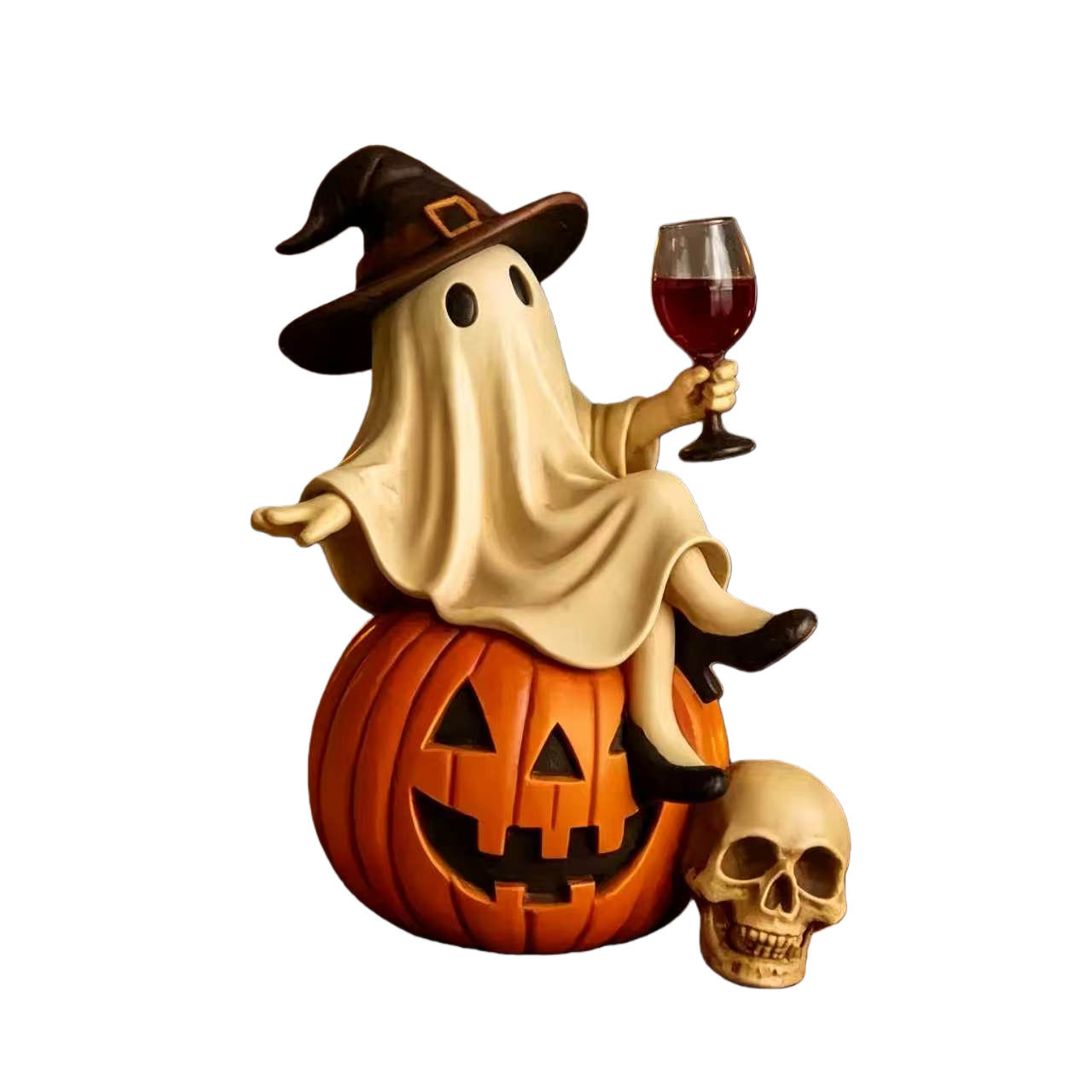 Halloween Ghost Holding Wine Glass Figurine