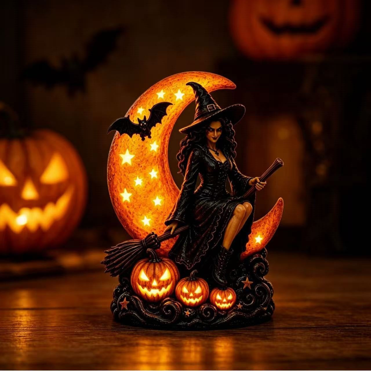 Halloween Witch Moon Pumpkin Light Figurine